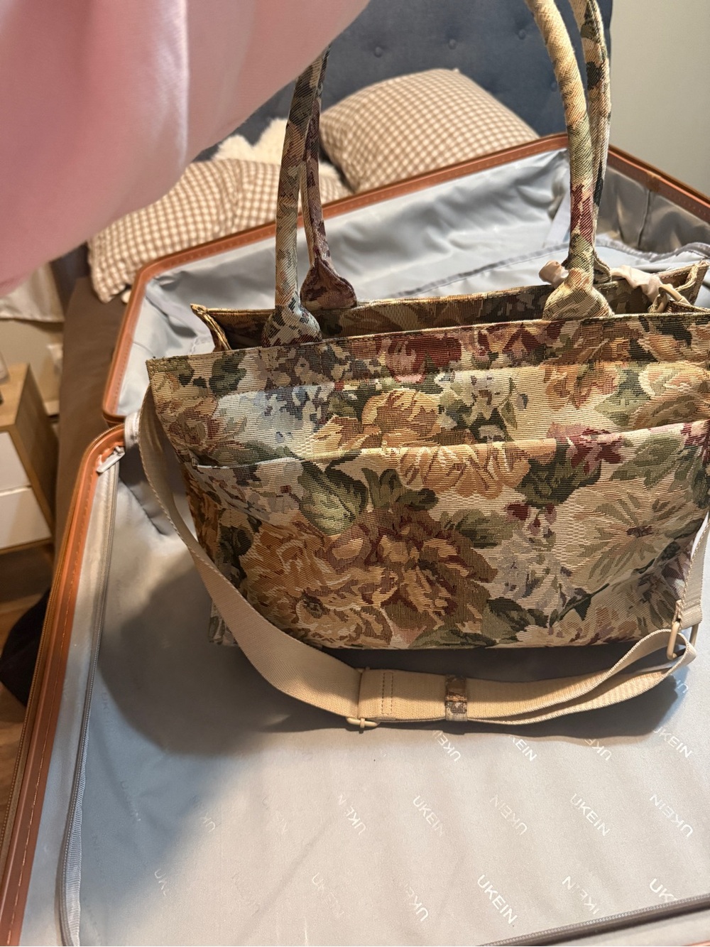 BEIS Floral Tapestry Tote in Tan, Green, Brown